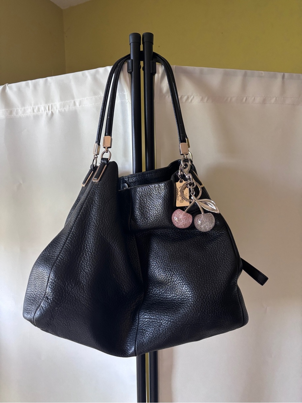 Coach Black Leather Shoulder Bag with Pink Glitter Cherry Charm
